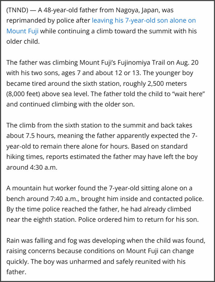 A newspaper article describes parents leaving a 7-year-old son alone on Mount Fuji, an absolute wrong way to solve a problem.