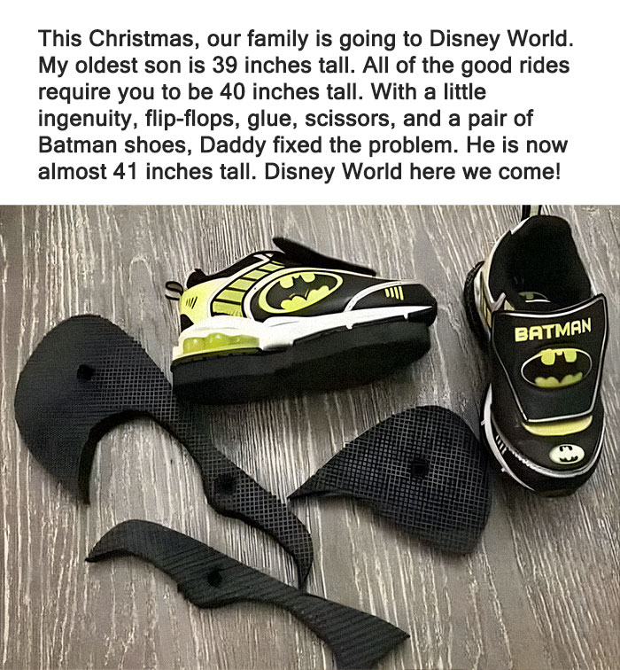 Batman shoes with detachable platforms, illustrating a clever but wrong way to solve a problem for Disney rides.