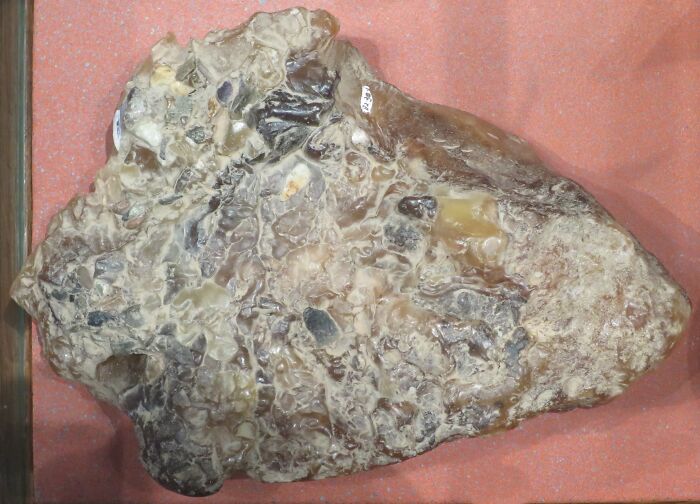 A close-up of a large, irregular piece of natural amber on a reddish-brown surface, highlighting how random things can get people rich.
