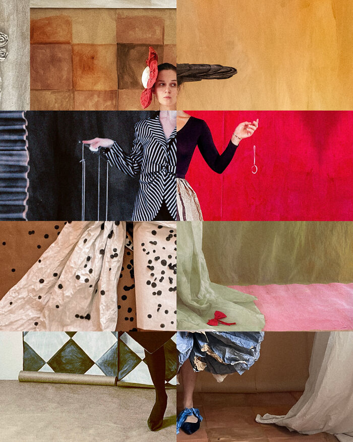 Surreal paper creation featuring a model in a striped jacket and flowing skirt, showcasing fashion, sculpture, and photography.