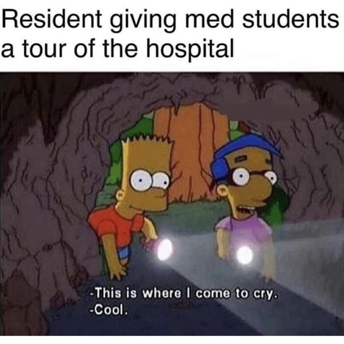 Meme featuring Bart Simpson giving a tour of a hospital, revealing where he cries, a funny take for doctors.