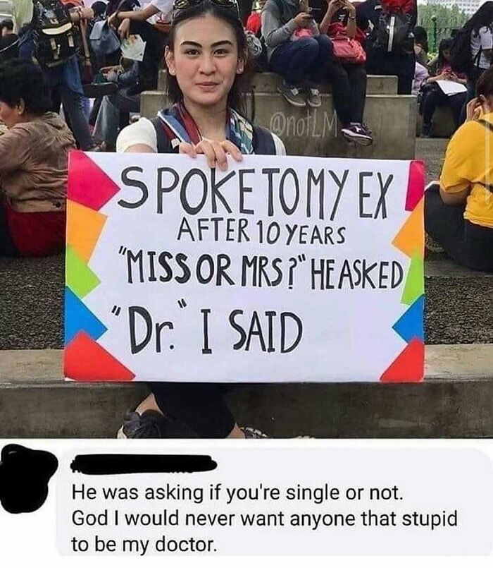 A woman holds a sign saying she is a Dr., highlighted as a funny doctor meme.