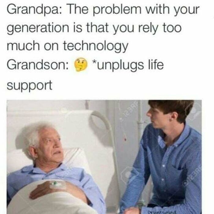 A meme for doctors: a grandson unplugs a grandfather's life support in response to a comment about technology.