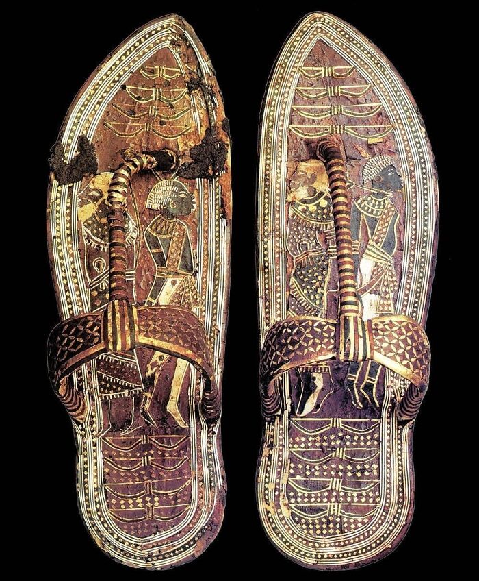 Ancient Egyptian sandals, a moment nearly lost to history, displaying intricate craftsmanship and design.