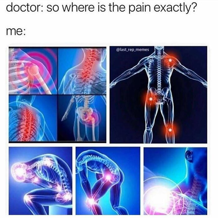 A meme for doctors depicting human body diagrams with glowing red areas indicating widespread pain.