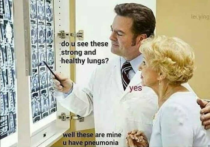 A doctor points to x-rays, showing an older woman what healthy lungs look like in a medical meme.