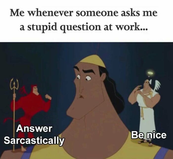 A retail meme showing Kronk from The Emperor's New Groove, torn between being sarcastic or nice to customers at work.
