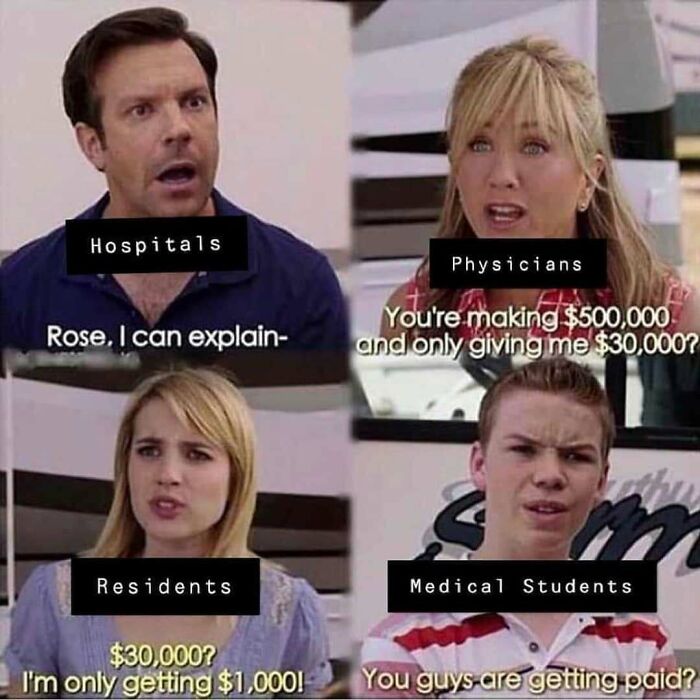 A four-panel meme depicting hospitals, physicians, residents, and medical students discussing pay, a relatable doctors meme.