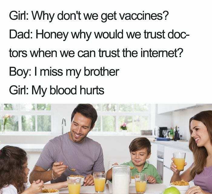 A doctor meme with a family eating breakfast, discussing trust in doctors versus the internet and negative health outcomes.