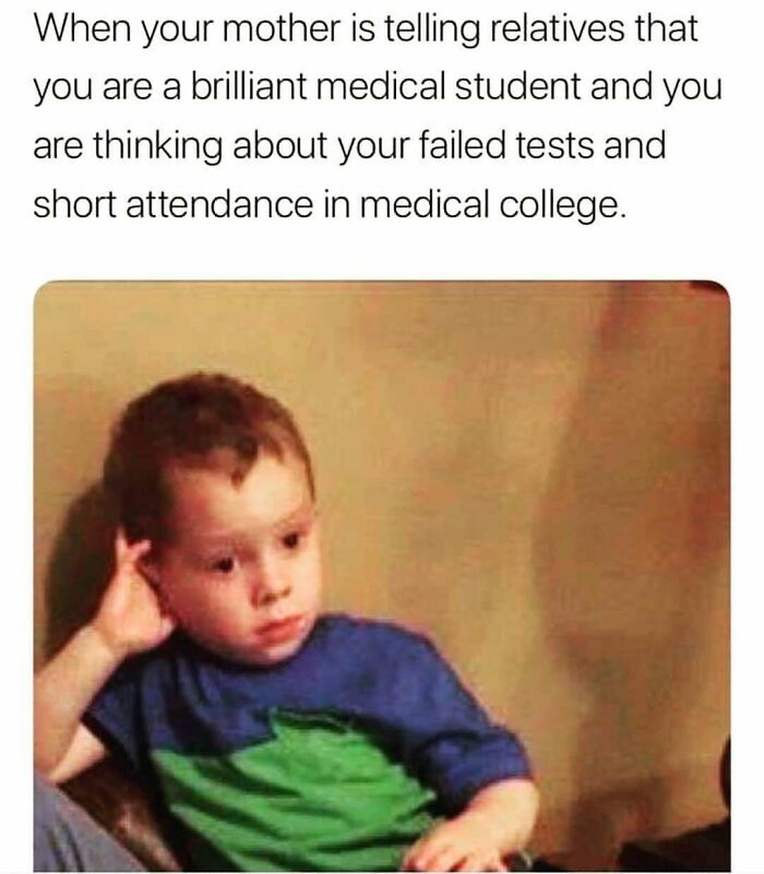 A young boy with a meme about doctors and medical students failing tests.