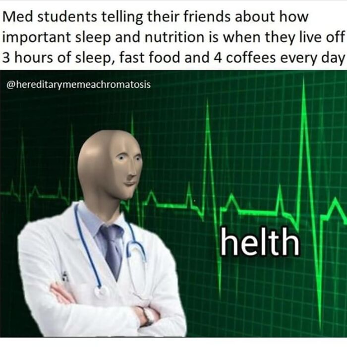 A doctor meme showing a figure in a lab coat with a stethoscope and a health graph, illustrating a funny doctor meme.
