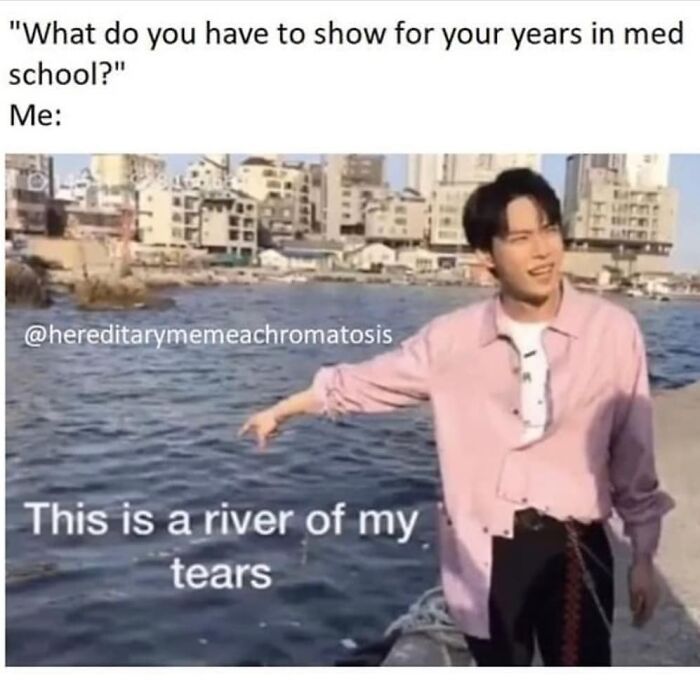 A meme for doctors showing a man pointing at water, captioning it a river of tears for doctors.