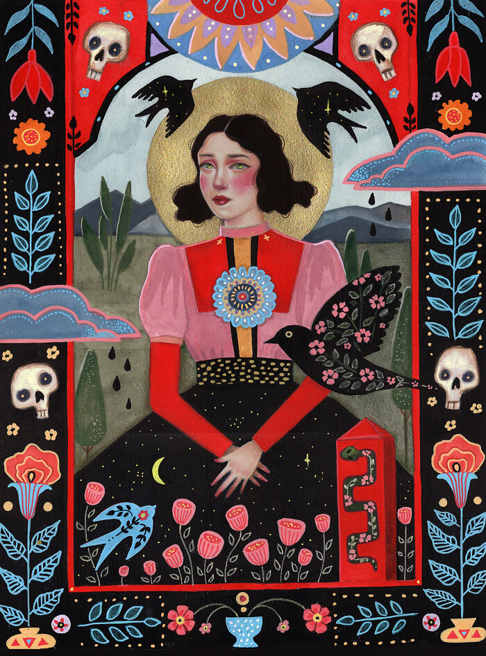 Aunia Kahn folk-inspired artwork depicting a woman with a halo, birds, and skulls, rich in symbolism and imagination.