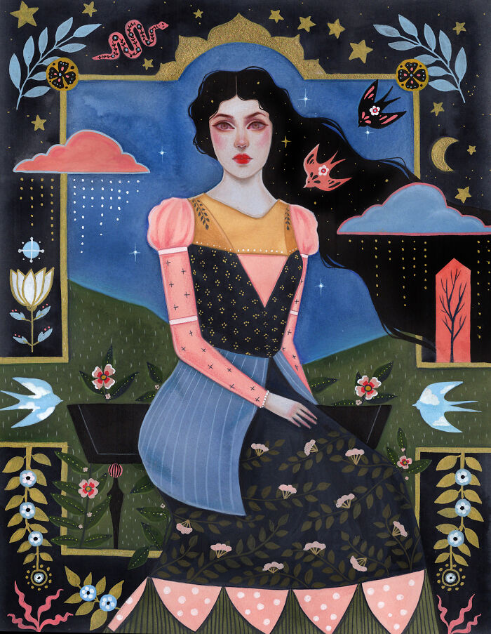 Aunia Kahn folk-inspired artwork of a woman with long dark hair, set against a backdrop of clouds, stars, and flowers.