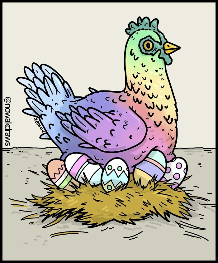 A single-panel comic by Joseph Novak depicting a rainbow-colored chicken sitting on a nest of decorated Easter eggs.