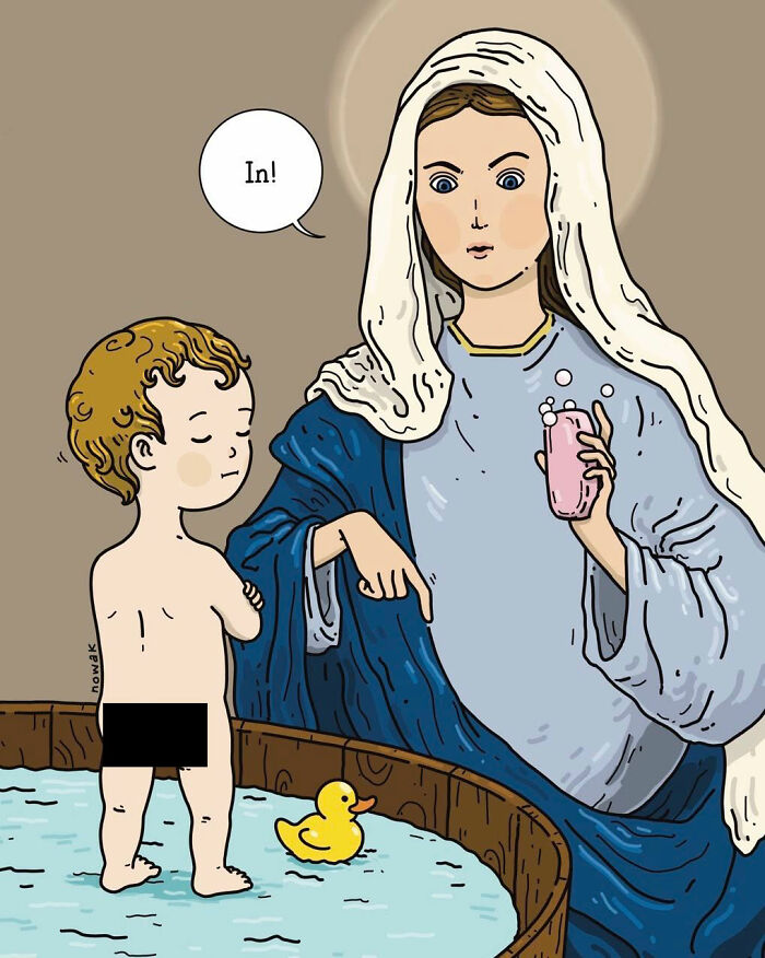 A single-panel comic by Joseph Novak showing a cartoon Mary holding soap and pointing to a child in a tub.