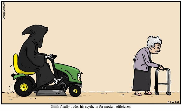 A Joseph Novak comic depicts D***h on a riding mower next to an elderly woman with a walker, offering a unique joke.