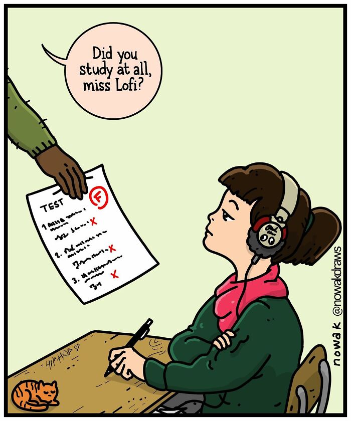 A Joseph Novak comic shows a student with headphones getting an F on a test, highlighting weird ideas.