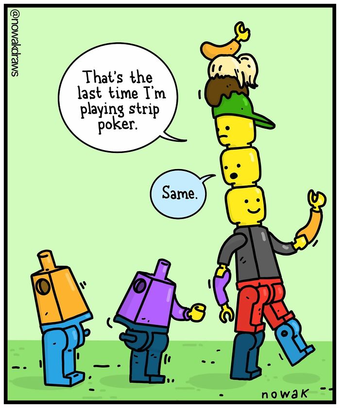 A funny single-panel comic by Joseph Novak shows LEGO figures regretting playing strip poker.