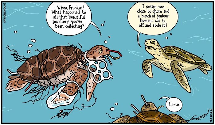 A comic by Joseph Novak featuring two turtles discussing plastic pollution as single-panel comics.