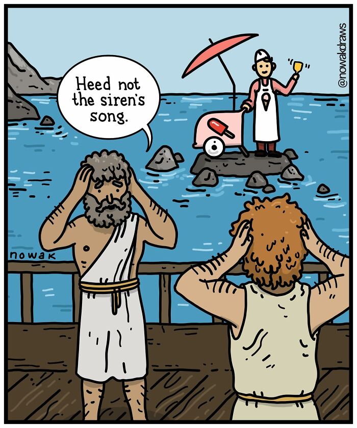 A comic by Joseph Novak with two men plugging their ears to an ice cream vendor as a siren, a single-panel comic.