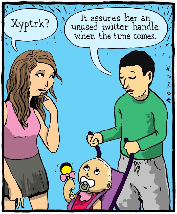 A Joseph Novak comic where parents discuss their baby's unusual name for a Twitter handle, a single-panel comic.