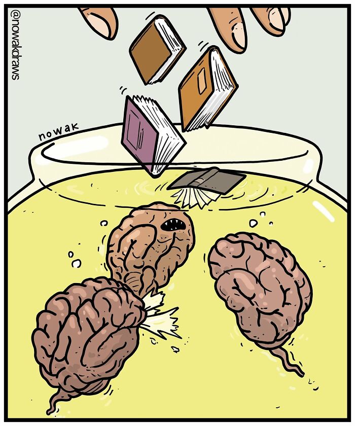 A comic by Joseph Novak depicting tiny books being dropped into a jar with brains, a single-panel comic.