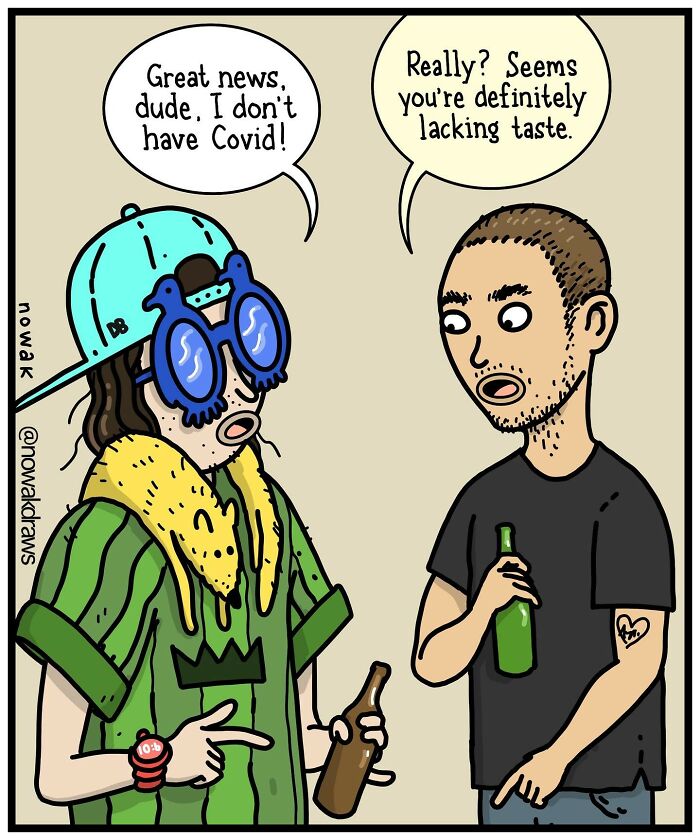 A Joseph Novak comic showing two men discussing Covid and taste, a single-panel comic.