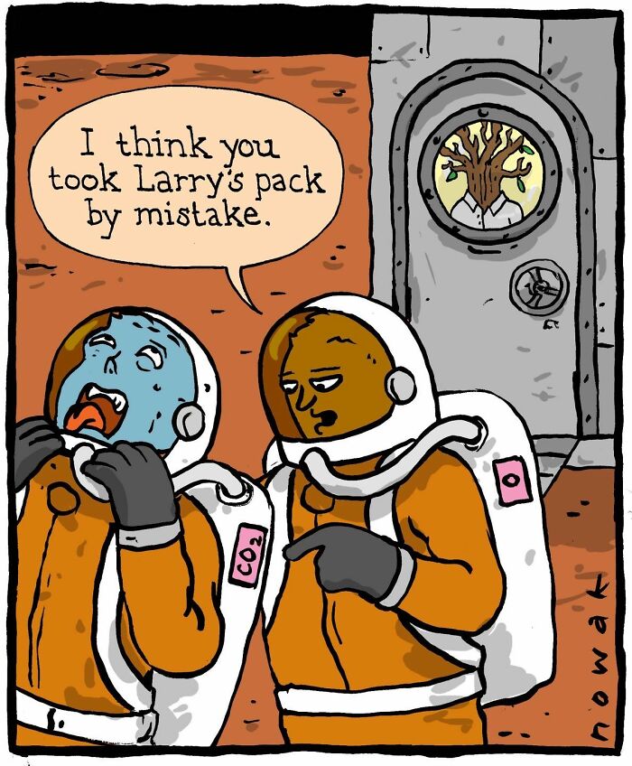 A comic by Joseph Novak showing two astronauts, one with a CO2 tank, discussing a mistaken oxygen pack.