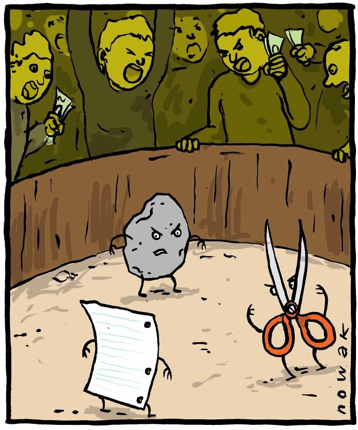A comic by Joseph Novak depicting a game of rock, paper, scissors in an arena setting.