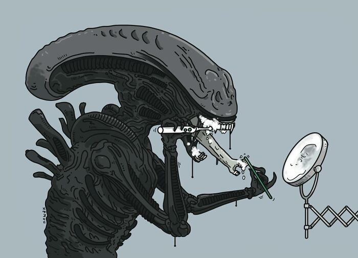 A single-panel comic by Joseph Novak showing an alien brushing its teeth, illustrating a funny idea.