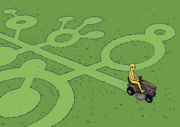 A comic of a yellow alien mowing intricate crop circles into a field using a riding lawnmower. Joseph Novak comics.