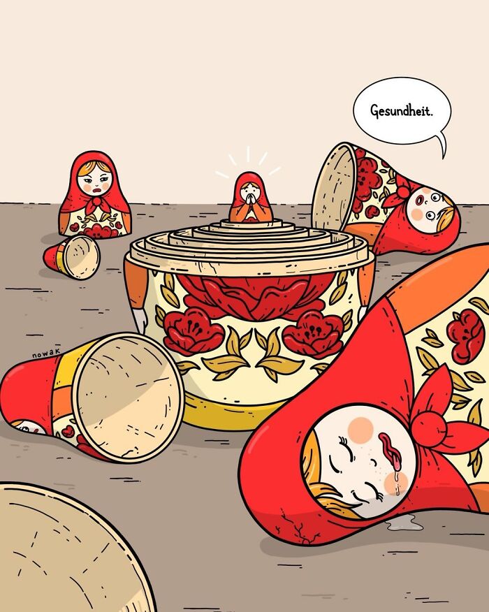 A comic by Joseph Novak featuring matryoshka dolls sneezing and one saying Gesundheit, illustrating funny ideas.