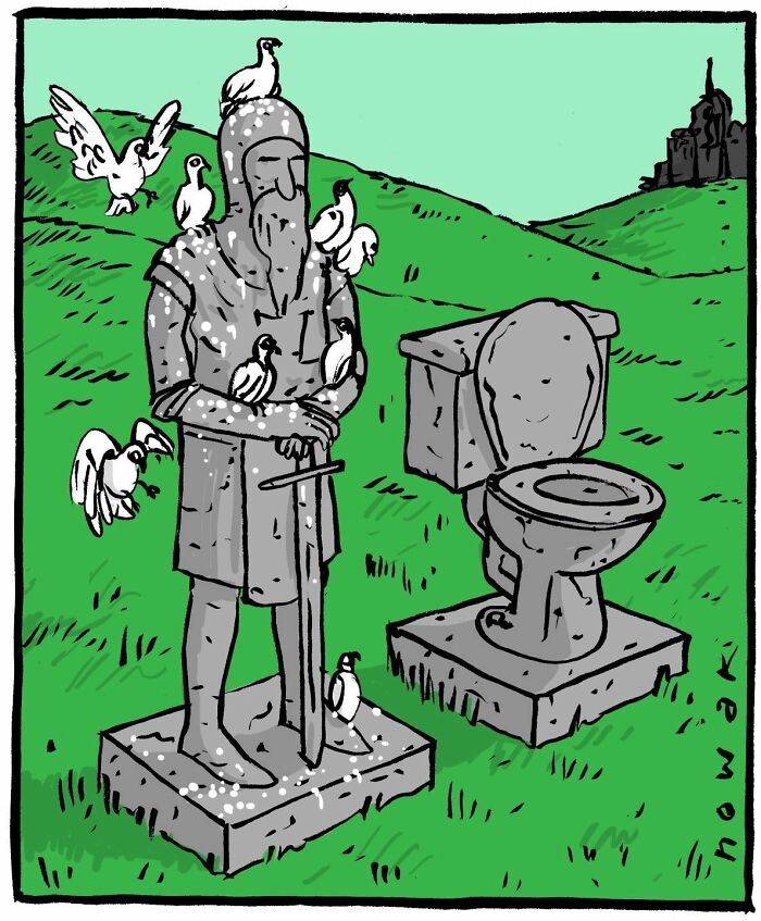 A single-panel comic featuring a stone knight statue covered in birds next to a stone toilet. Joseph Novak comics.