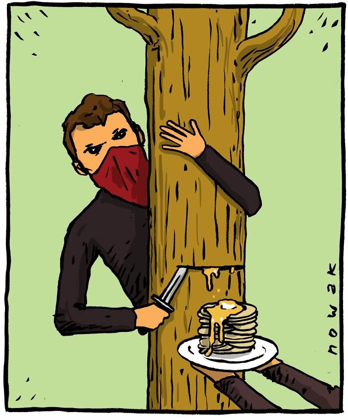 A single-panel comic by Joseph Novak with a person tapping maple syrup from a tree to make pancakes, a funny idea.