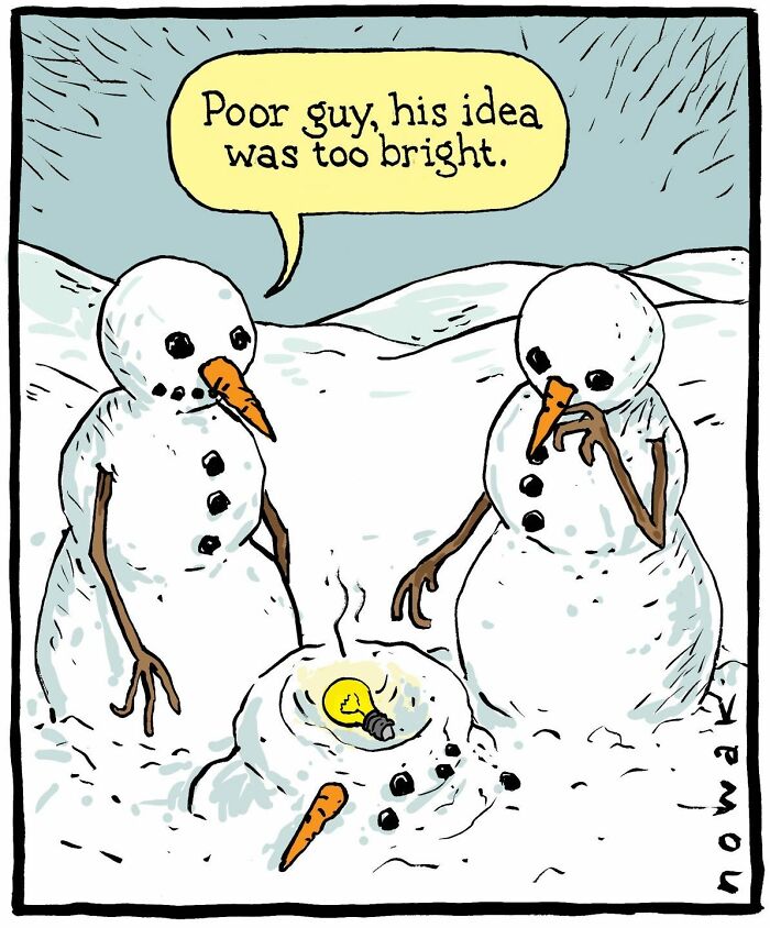 Joseph Novak's single-panel comic shows two snowmen next to a melted snowman with a lightbulb, a funny idea.