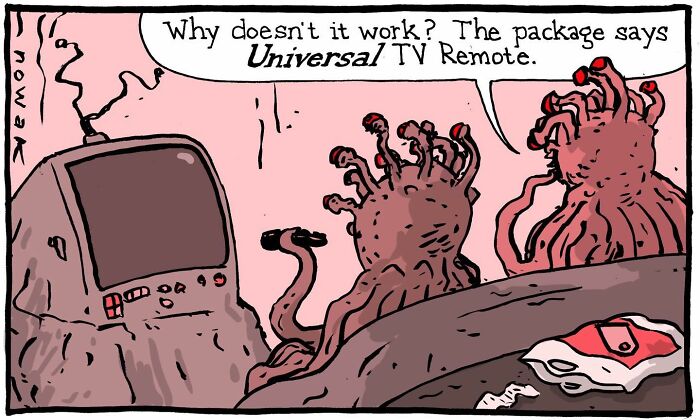 A single-panel comic with two alien creatures, one frustrated with a universal TV remote. Joseph Novak comics.