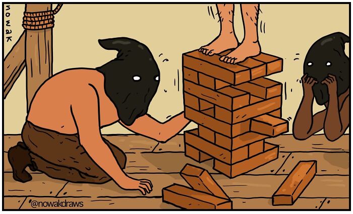 A comic showing hooded figures playing Jenga, with one person standing on the blocks. Joseph Novak comics.