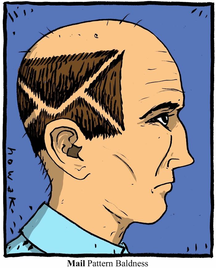 Single-panel comics by Joseph Novak: A man with a haircut resembling a mail envelope on his bald head.