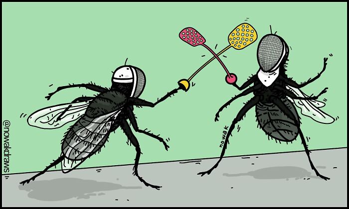 Single-panel comics by Joseph Novak: Two flies in fencing gear duel with fly swatters.