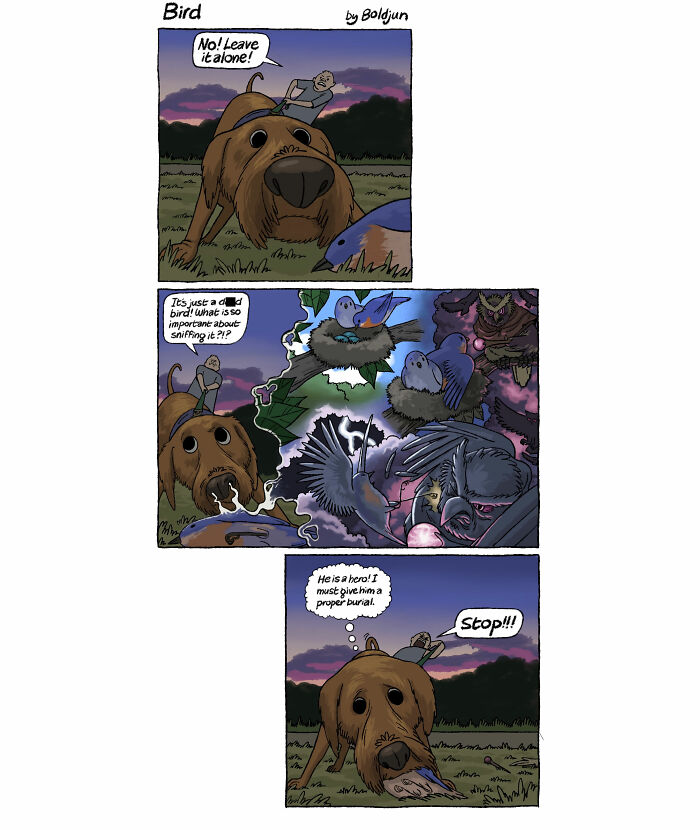 A dark and funny comic showing a dog protecting a bird's nest, evolving into a fantasy scene, blending dark humor and pop culture.