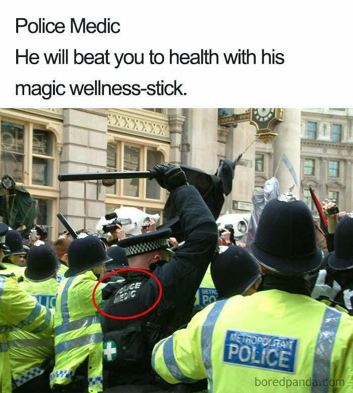 A police medic holds a baton, ready to metaphorically beat you to health with his magic wellness-stick, a meme for doctors.