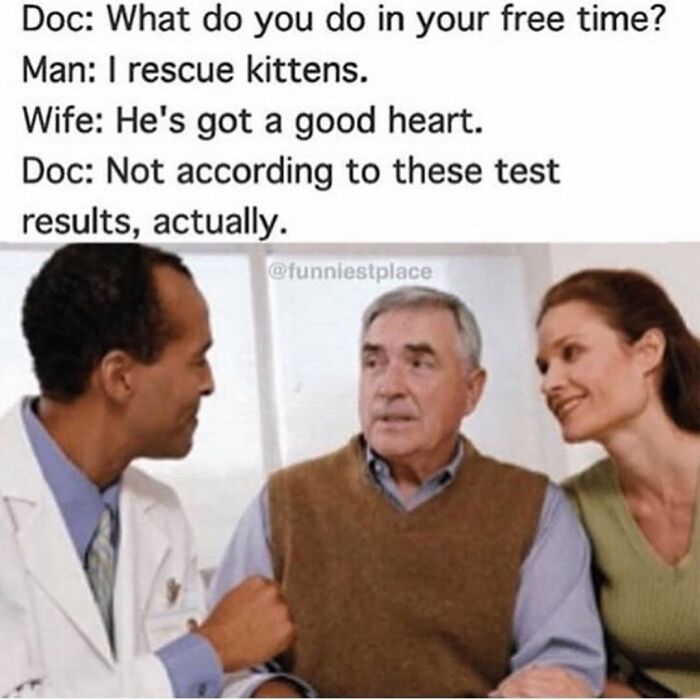 A doctor discusses test results with an older man and woman, providing a funny doctor meme.