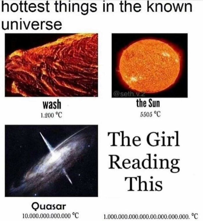 Funny science meme showing a list of hot things: wash, the Sun, a quasar, and 'The Girl Reading This,' with increasing temperatures.