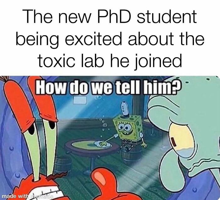 A PhD meme with Spongebob characters, depicting how to tell a new PhD student about a toxic lab.