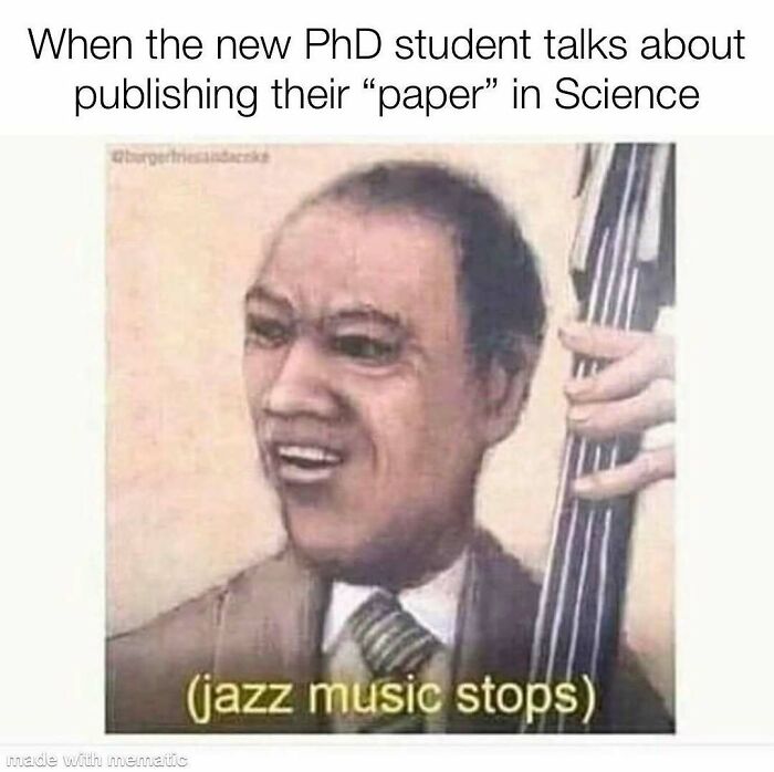 A PhD meme features a man playing an upright bass, looking disgusted as jazz music stops when a new PhD student talks about publishing.