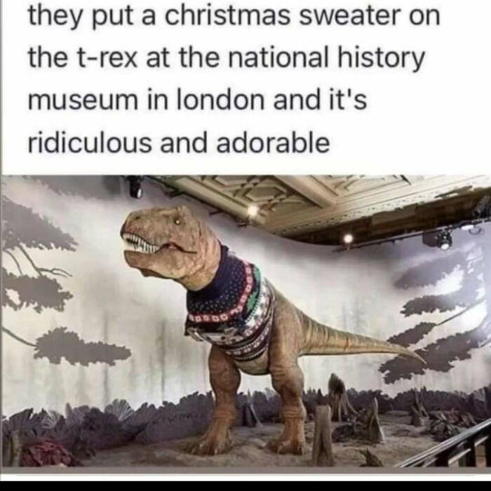 A T-Rex dinosaur model at a museum wearing a funny Christmas sweater, making it a funny science meme.