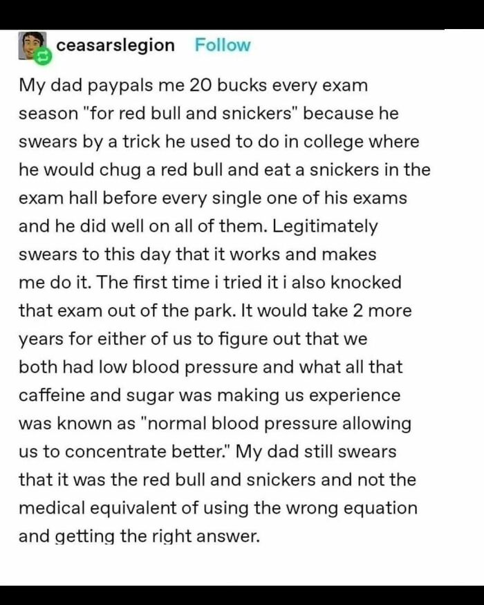 A funny science meme about a father and child's unusual exam preparation involving Red Bull and Snickers.