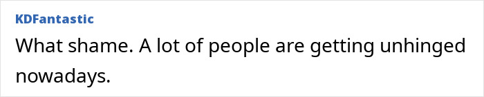 Screenshot of an online comment: What shame. A lot of people are getting unhinged nowadays, regarding furious parents. Screenshot of an online comment: What shame. A lot of people are getting unhinged nowadays, regarding furious parents.