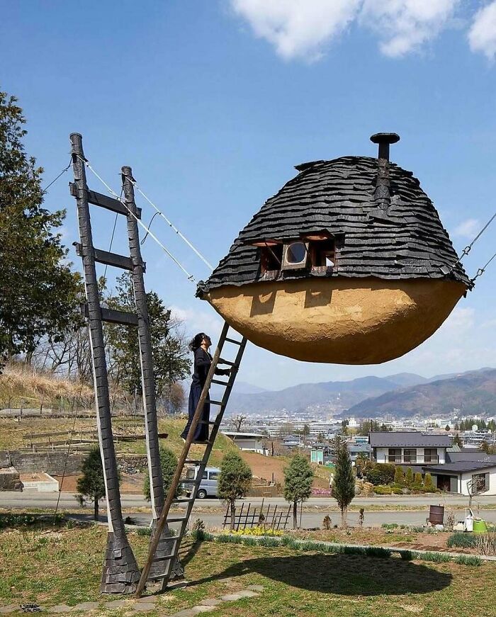 A brilliant and beautiful design shows a person on a ladder approaching a floating, egg-shaped house.